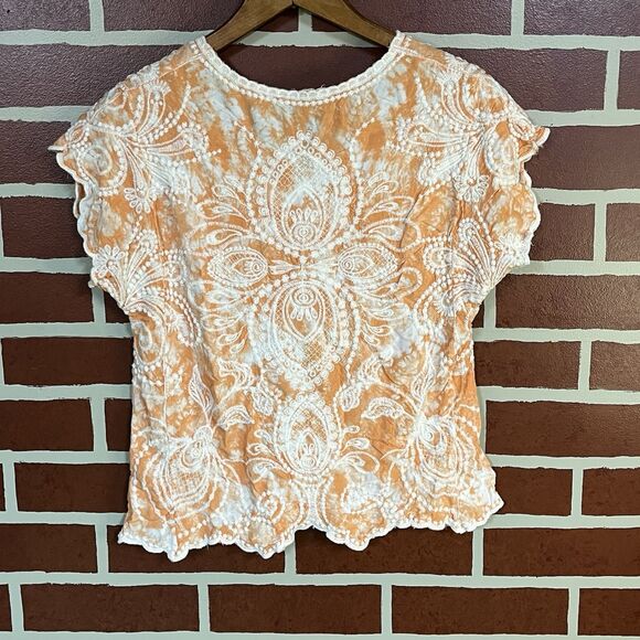 SOLITAIRE V-neck Short Flutter Sleeve Orange Top Fully Embroidered size Medium - Picture 5 of 7